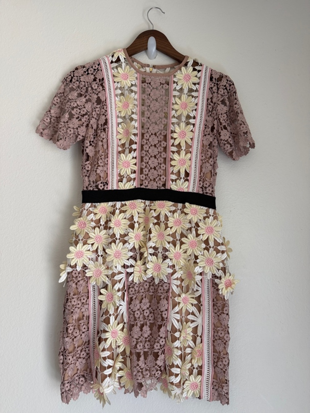 Self-Portrait Dusty Rose Lace Dress with Yellow & Pink Floral Appliqué - Picture 5 of 12